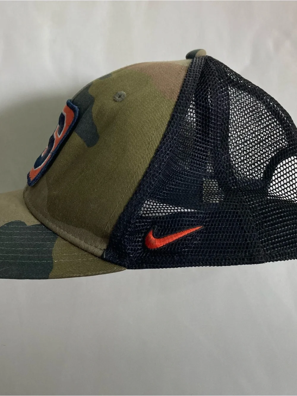 Nike Syravuse Camo Trucker Hat with Orange & Navy 'S' Patch gameday college Gorp